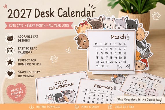 Hand-drawn Printable Desk Kawaii Cat Calendar 2027 - PDF, SVG, PNG Stackable Calendar
