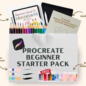以下が含まれることがあります： Procreate初心者向けスターターパック。ガイドブック、トレース練習用ワークブック、色鉛筆セット、スタイラスペン付きデジタルタブレット、色鉛筆ブラシ、カラーパレットが含まれています。テキストにはProcreate Beginner Starter Packと記載されています。