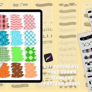 May include: A digital tablet displaying a grid of twelve colorful, hand-drawn seamless pattern swatches in shades of red, blue, green, and orange. Beside the tablet are two vertical strips showing black and white pattern brush strokes.