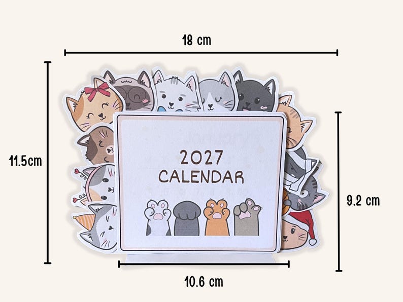Hand-drawn Printable Desk Kawaii Cat Calendar 2027 - PDF, SVG, PNG Stackable Calendar image 6