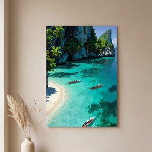 May include: A vertical wall art print depicting a tropical coastal scene with turquoise water, a sandy beach, and towering limestone cliffs. Three long, narrow wooden boats float on the clear water, while lush green trees grow along the rocky shoreline.