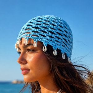 Crochet Mesh Hat Pattern PDF, Summer Beach Crochet Cap, Shell Bead Edge, Boho Crochet Head Cover, Digital Pattern