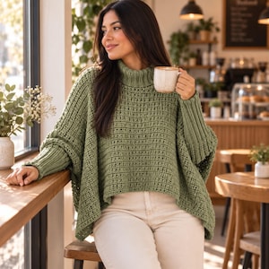 May include: An olive green knit jumper featuring a high turtleneck collar, long sleeves with ribbed cuffs, and a textured, open-stitch pattern throughout the body. The garment has a loose, boxy fit and is paired with light-coloured trousers.