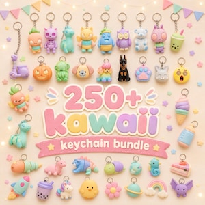 May include: A collection of various small, colourful character keychains featuring animals, food, and objects, arranged around the central text 250+ kawaii keychain bundle. The keychains include figures like a scooter, pumpkin, dog, cat, and ice cream.