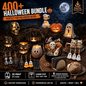 Può includere: Un pacchetto di download digitale con oltre 400 design a tema Halloween per stampa 3D e taglio laser. La collezione include varie figure illuminate di teschi, zucche, fantasmi e tronchi d'albero, oltre a orecchini decorativi e biscotti.