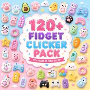 May include: A collection of small, colourful plastic fidget clicker toys featuring various shapes like animal paws, unicorns, game controllers, donuts, and clouds, surrounding a central sign that reads 120+ FIDGET CLICKER PACK 120+ PIECES OF FUN & RELIEF!