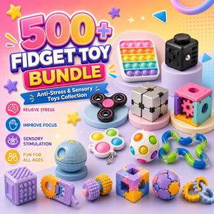 Puede incluir: Un paquete de más de 500 juguetes fidget que incluye varios artículos sensoriales como un pop-it arcoíris, un cubo negro, un spinner, cubos de engranajes, bolas texturizadas y eslabones. El texto dice 500+ FIDGET TOY BUNDLE.
