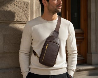 Leather Sling Bag, Genuine Leather Chest Bag for Men, Travel Crossbody Gift