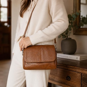Leather Crossbody Bag, Vintage Flap Shoulder Purse with Adjustable Strap, Gift