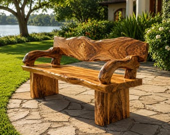 Organic Teak Wood Garden Bench, Handcrafted Outdoor Bench, Rustic Patio Seating, Sculptural Wooden Bench, Luxury Garden Furniture
