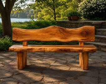 Massive Teak Live Edge Außenbank, rustikale Gartensitzgelegenheit, Naturholz-Terrassendekor Neu