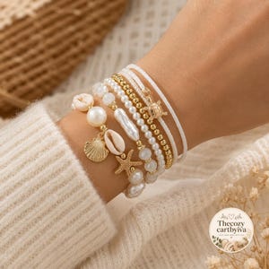 Boho Beach Bracelet Set, Pearl Shell Starfish Turtle Charm Bracelets, Layered Summer Jewelry Gift for Women