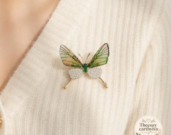 Broche de mariposa, broche de mariposa de esmalte verde, broche de insecto con diamantes de imitación, joyería de la naturaleza, broche elegante para solapa, regalo para ella.