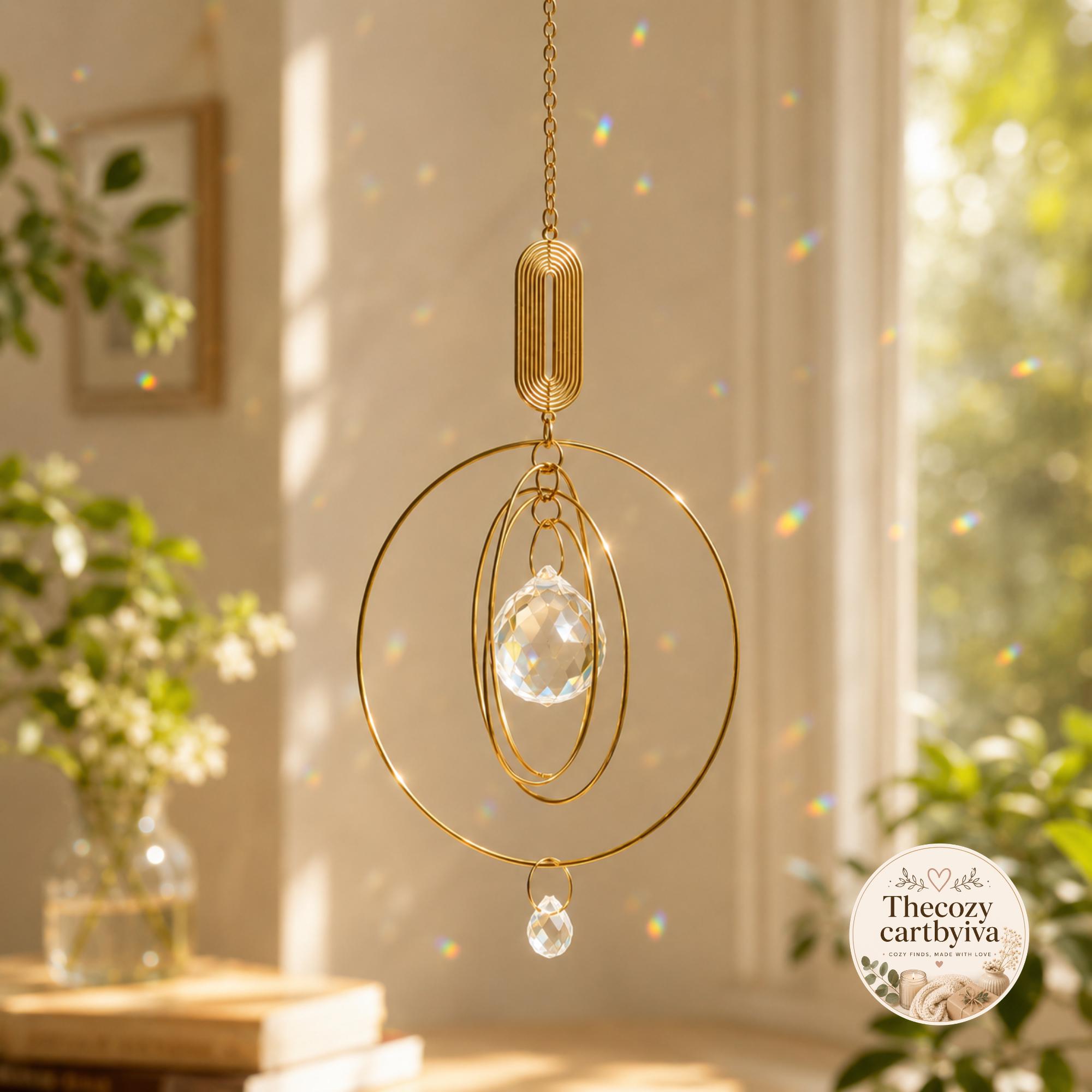 Crystal Suncatcher Window Hanging, Gold Circle Rainbow Maker, Boho Sun Catcher Decor, Housewarming Gift