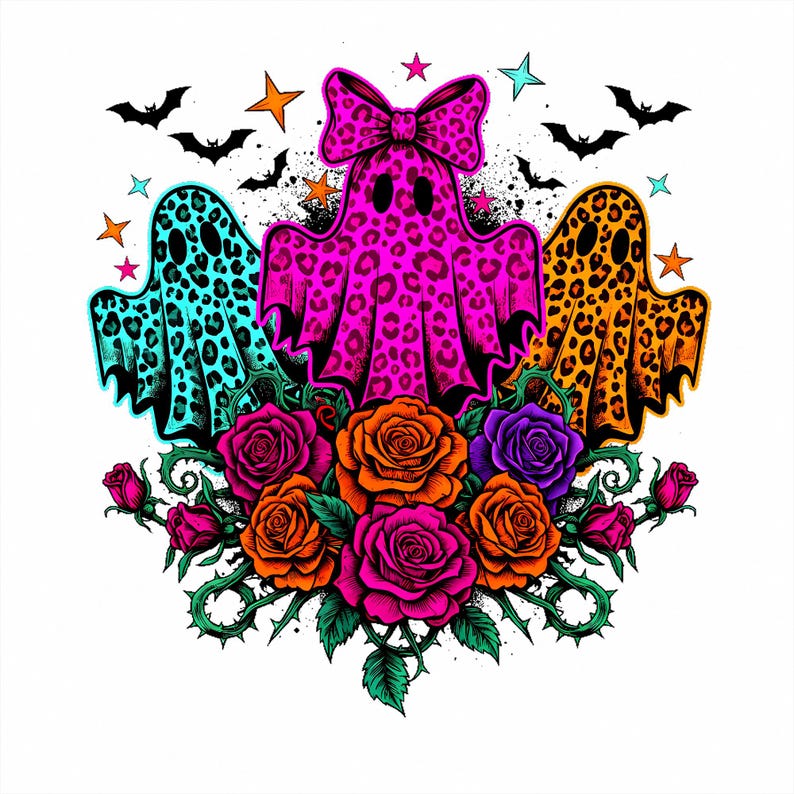 Coquette Neon Ghost Trio PNG, Leopard Halloween Ghost PNG, Floral Spooky Season Shirt Design, Cute Preppy Sublimation Digital Download image 2