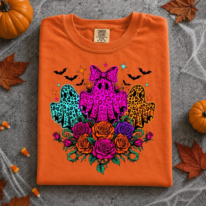 Coquette Neon Ghost Trio PNG, Leopard Halloween Ghost PNG, Floral Spooky Season Shirt Design, Cute Preppy Sublimation Digital Download image 4