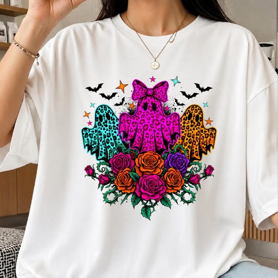 Coquette Neon Ghost Trio PNG, Leopard Halloween Ghost PNG, Floral Spooky Season Shirt Design, Cute Preppy Sublimation Digital Download