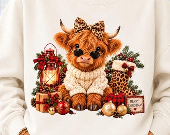 Highland Cow Christmas PNG, Leopard Bow Cow Sublimation, Cute Western Christmas Cow, Merry Christmas Shirt Design, Digital Download PNG