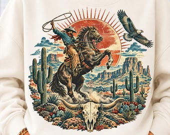 Western Cowboy PNG, Vintage Rodeo Sublimation, Retro Desert Cowboy Horse PNG, Longhorn Cactus Eagle Southwest, Western Sweatshirt Design