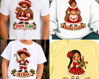 May include: A collection of four shirts featuring festive holiday characters. One white shirt shows Papá Claus, one white sweatshirt shows Mamá Claus, one white shirt shows a Niño, and one yellow shirt shows a Niña, all with holiday-themed graphics.