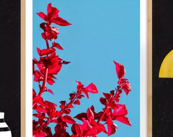 Estampa botânica vermelha: Arte floral minimalista com folhas carmesim