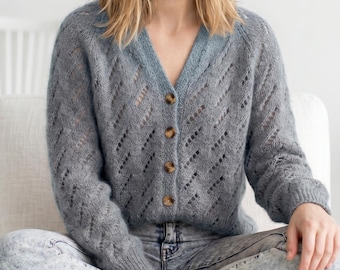 Lace Cardigan Knitting Pattern, Top Down Raglan, Mohair Sweater, Button Front (PDF Pattern)