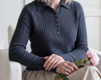 Ribbed Polo Sweater Knitting Pattern, Seamless Top-Down Pullover, Buttoned Neck Knit Shirt (PDF Pattern)