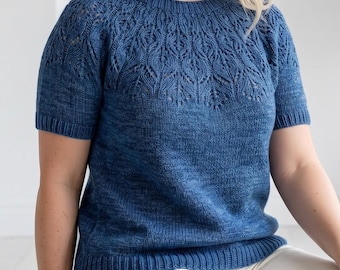 Lace Yoke Sweater Knitting Pattern, Botanical Short Sleeve Pullover (PDF)