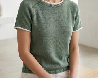 Knitting Pattern PDF Top Down Raglan Tee | Fingering Weight Summer Knit Top | Short Sleeve Pullover Pattern XS-XXL