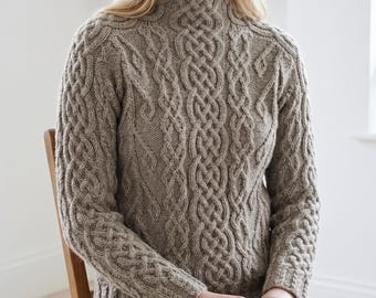 Cable Knit Turtleneck Sweater Pattern, Celtic Aran Jumper Knitting, Women's Sizes (PDF)
