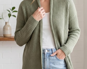Open Front Cardigan Knitting Pattern, DK Weight, Seamless Ribbed Jacket (PDF)