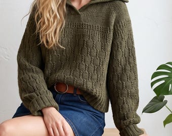 Textured Hooded Sweater Knitting Pattern, Top Down Knit Pullover, Oversized Cozy Jumper (PDF Download)