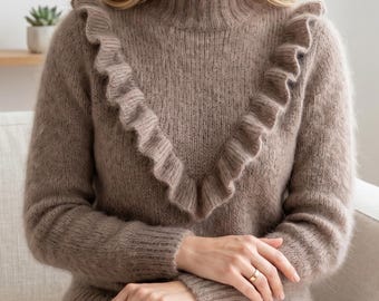 Ruffle Mock Neck Sweater Knitting Pattern, Seamless Angora Pullover (PDF)