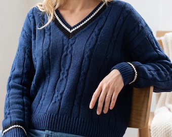 V-Neck Cable Knit Sweater Pattern, Varsity Style Pullover, Seamless Top Down Jumper (PDF)