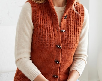 Women's Button Front Vest Knitting Pattern, Textured Ribbed Collar Sleeveless Cardigan (PDF)