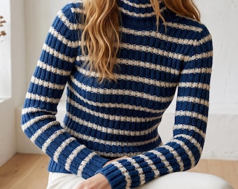 Striped Turtleneck Sweater Knitting Pattern (PDF), Fitted Ribbed Pullover, Top Down Jumper