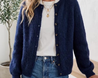 Mohair Cardigan Knitting Pattern, Seamless Top-Down Sweater PDF