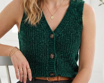Ribbed Tank Top Knitting Pattern, Button Front V-Neck Vest (PDF Pattern)