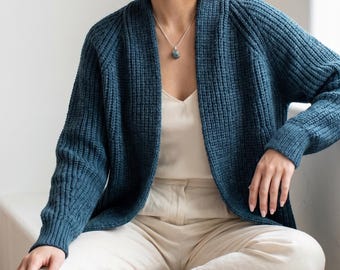 Open Front Cardigan Knitting Pattern, Shaker Rib Sweater, Top Down Knit (PDF Download)