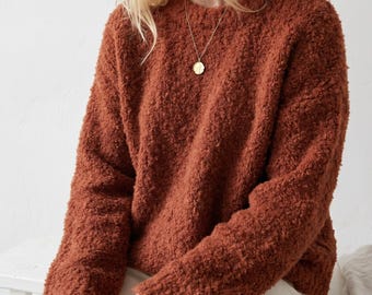 Boucle Sweater Knitting Pattern | Oversized Pullover Top Down Knit (PDF Pattern)