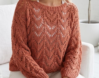 Lace Sweater Knitting Pattern PDF, Openwork Knit Pullover, Women's Lightweight Top