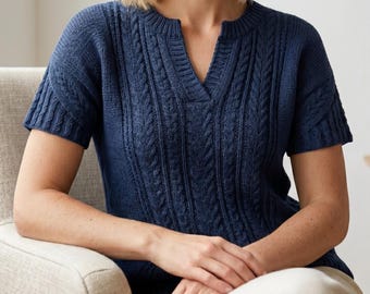 Cable Knit Tee Pattern, Women's Short Sleeve Sweater, Top Down Pullover (PDF Download)