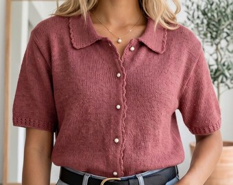 Knitted Polo Shirt Pattern, Short Sleeve Button Up Cardigan PDF, Fingering Weight Summer Knit Top, Women's Sizes XS-2XL