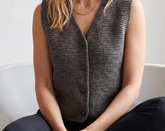 Button Front Vest Knitting Pattern, Sleeveless V-Neck Top Down Waistcoat (PDF)