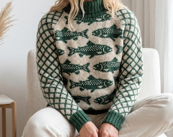 Fish Fair Isle Sweater Knitting Pattern, Nordic Turtleneck Pullover (PDF)
