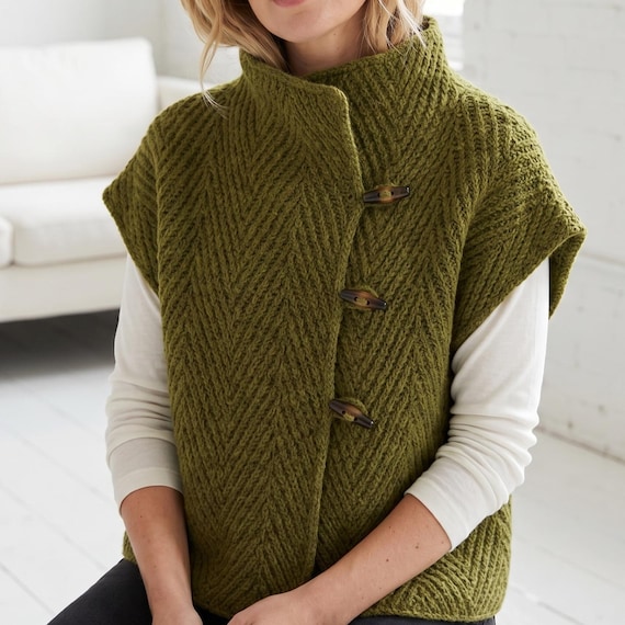 Knitting Pattern PDF Vest | Herringbone Knit Vest Pattern | Button Front Waistcoat | Oversized Sleeveless Cardigan | Womens Knitwear