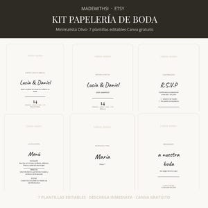 Puede incluir: Un kit de papelería de boda con seis plantillas blancas y texto negro. El encabezado dice KIT PAPELERÍA DE BODA. Las tarjetas incluyen diseños de invitación, reserva de fecha, RSVP, menú, tarjeta de sitio y letrero de bienvenida.