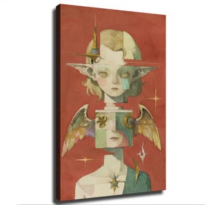 May include: A vertical canvas print featuring a stylized illustration of a figure with blonde hair, pointed ears, and wings against a solid terracotta red background. The composition includes geometric segments, star motifs, and a central square element.