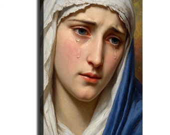 May include: A canvas print featuring a detailed oil painting of a person with a sorrowful expression, shedding tears. The figure wears a white head covering with lace trim and a deep blue draped garment, set against a warm, muted golden background.