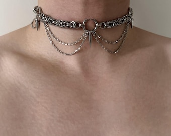 Handgjord ringbrynjad draperad choker, silverfärgad swagkedja med spik, industriellt metallgotiskt halsband, alternativa cyberpunk-smycken, unisexpresent